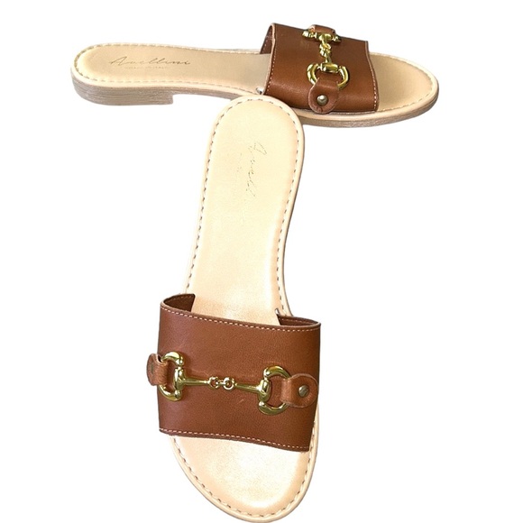 Avellini Italy Cognac Brown Faux Leather Gold Chain Bit Sandals Slides - 6.5 - Picture 3 of 15